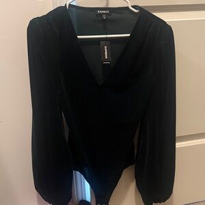 Express Black Velvet Long-Sleeve V-Neck Bodysuit with Subtle Puff Shoulders